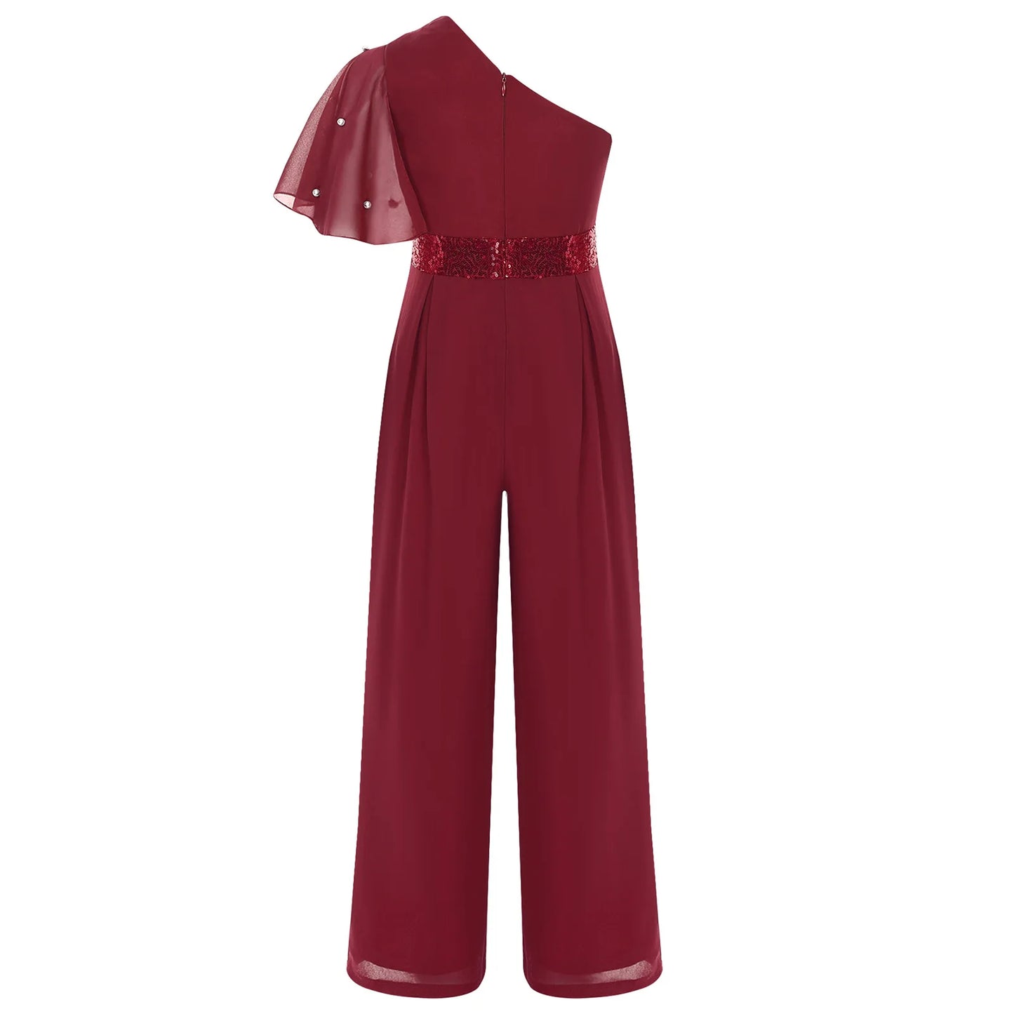 Girls One Shoulder PearlSequin Ruffled Wide Leg Jumpsuit (Age 6-14YRS)