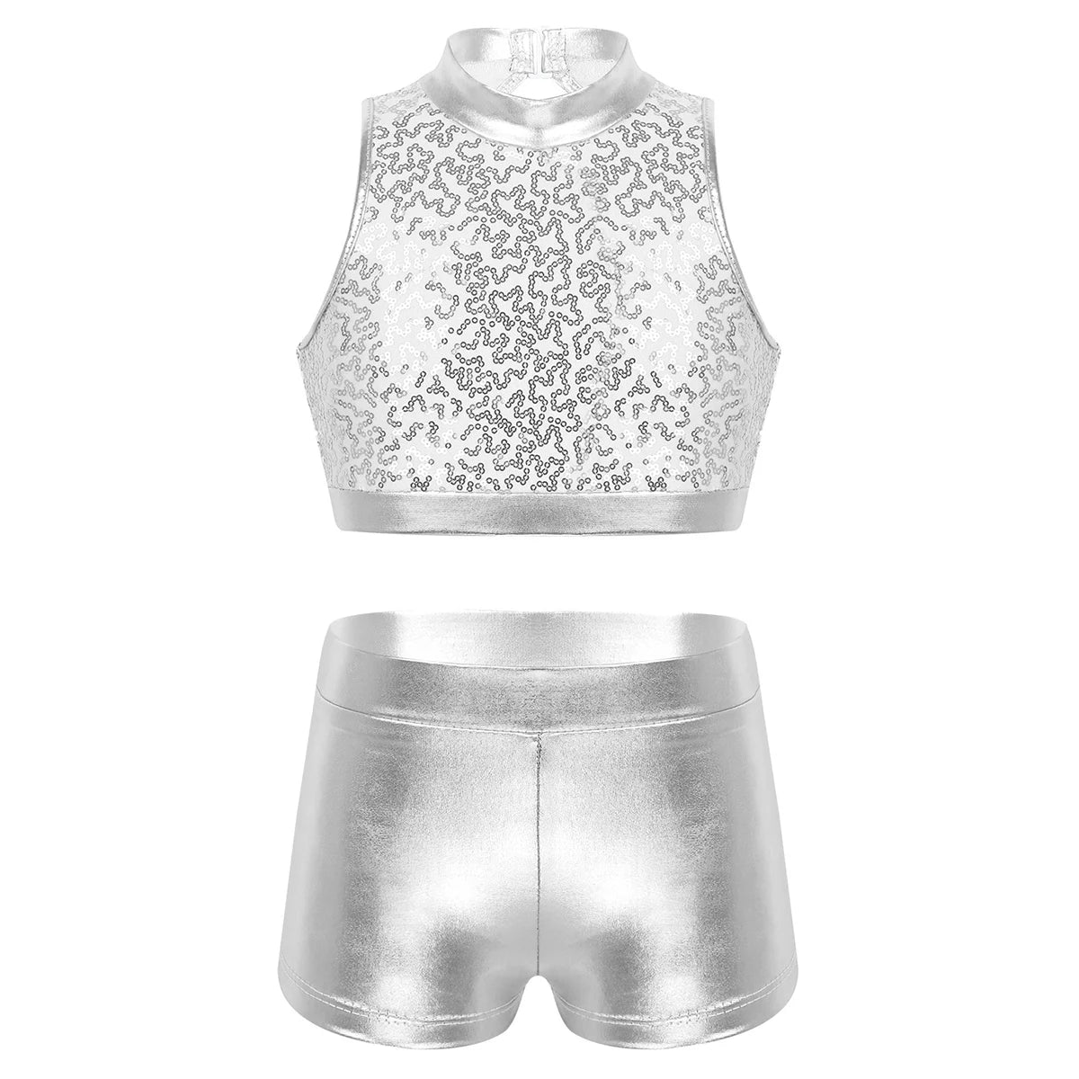 Girls Dance Costume Sequin Crop Top & Shorts Set (Age 6-12 YRS) Silver