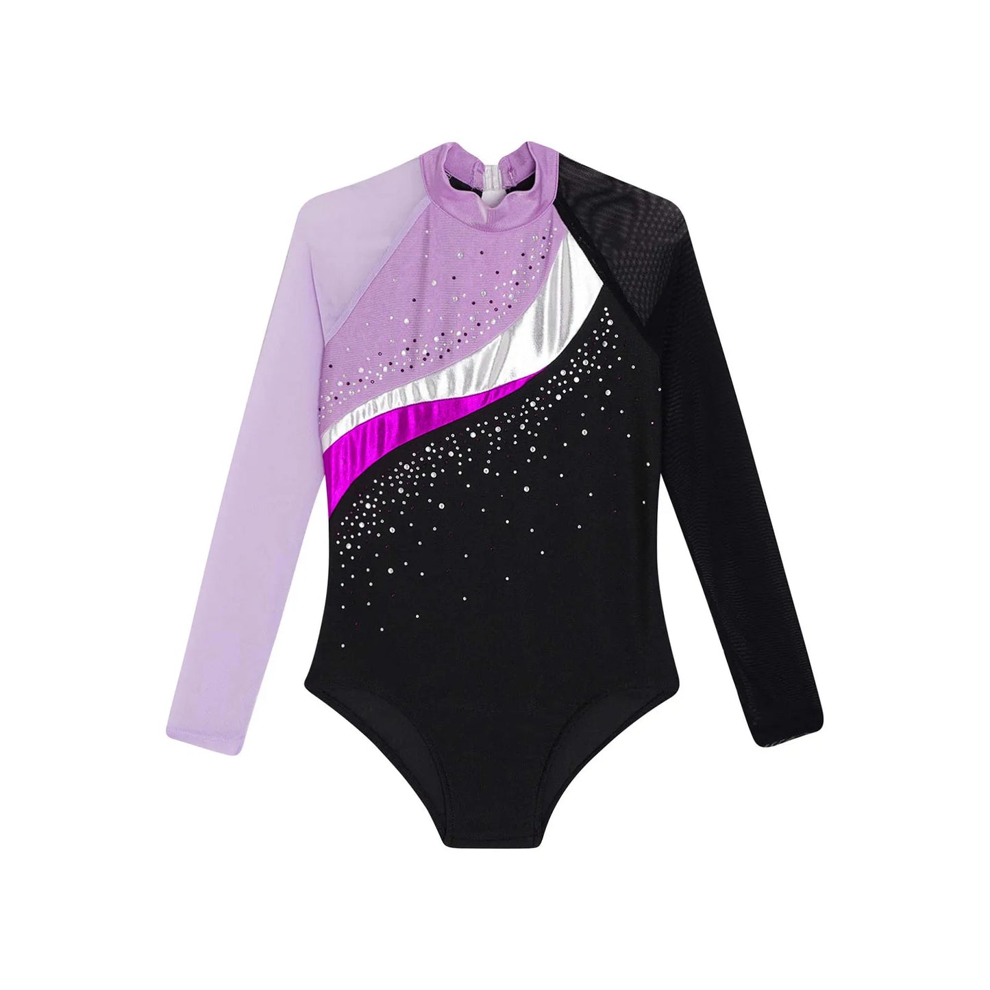Girls Ballet Dance Leotard Gymnastics Rhinestones Sheer Mesh Long Sleeve (Age 4-16 YRS)