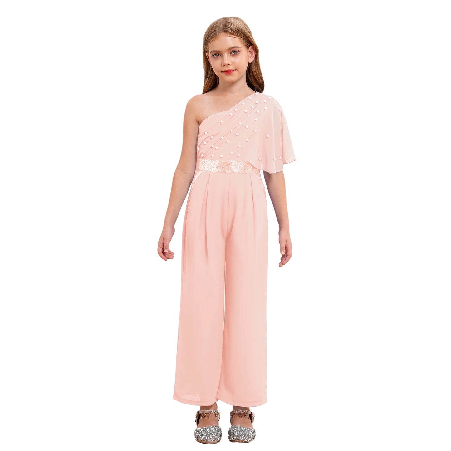 Girls One Shoulder PearlSequin Ruffled Wide Leg Jumpsuit (Age 6-14YRS)