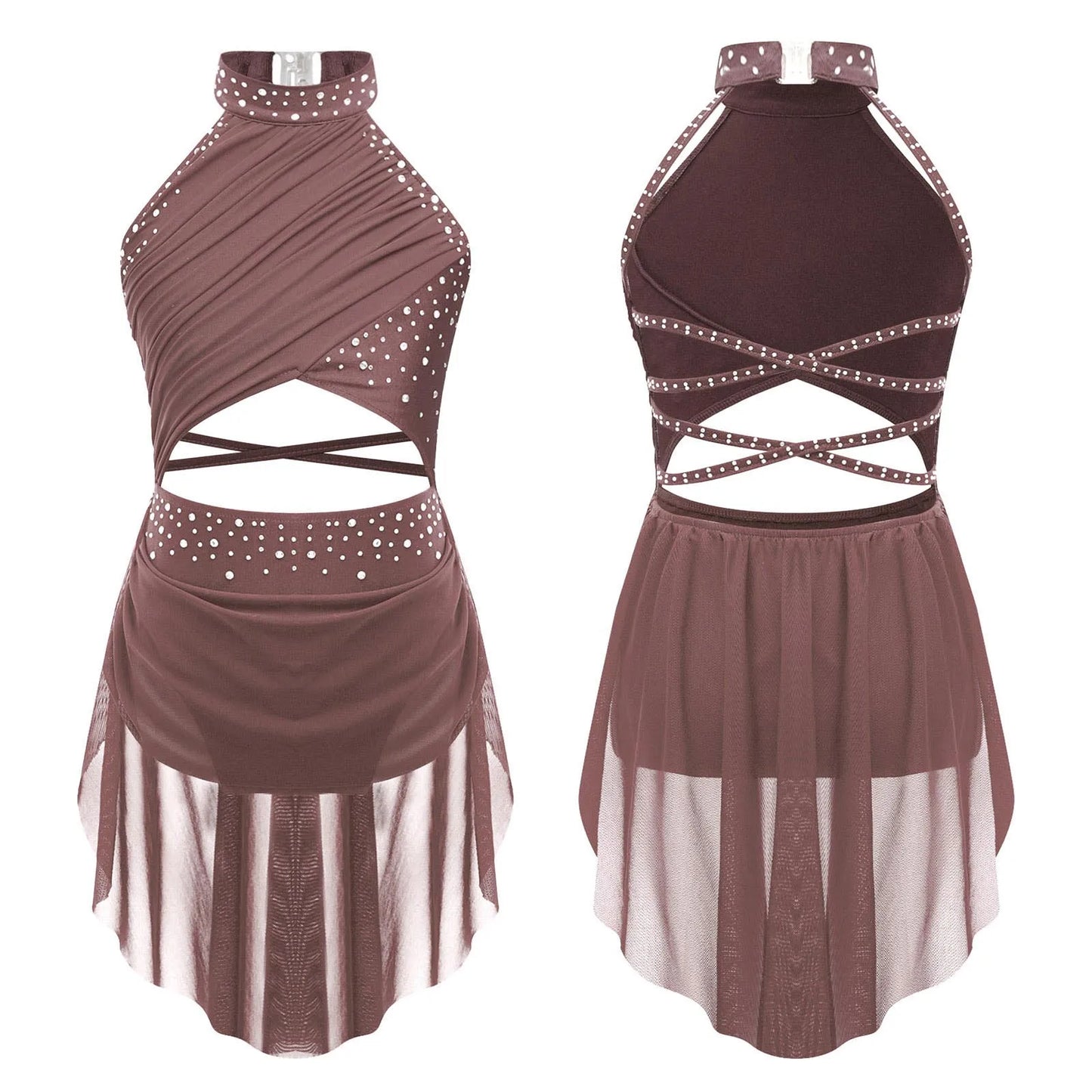 Girls Dance Rhinestone Dress Costume (Age 6-16YRS) Dusty Pink