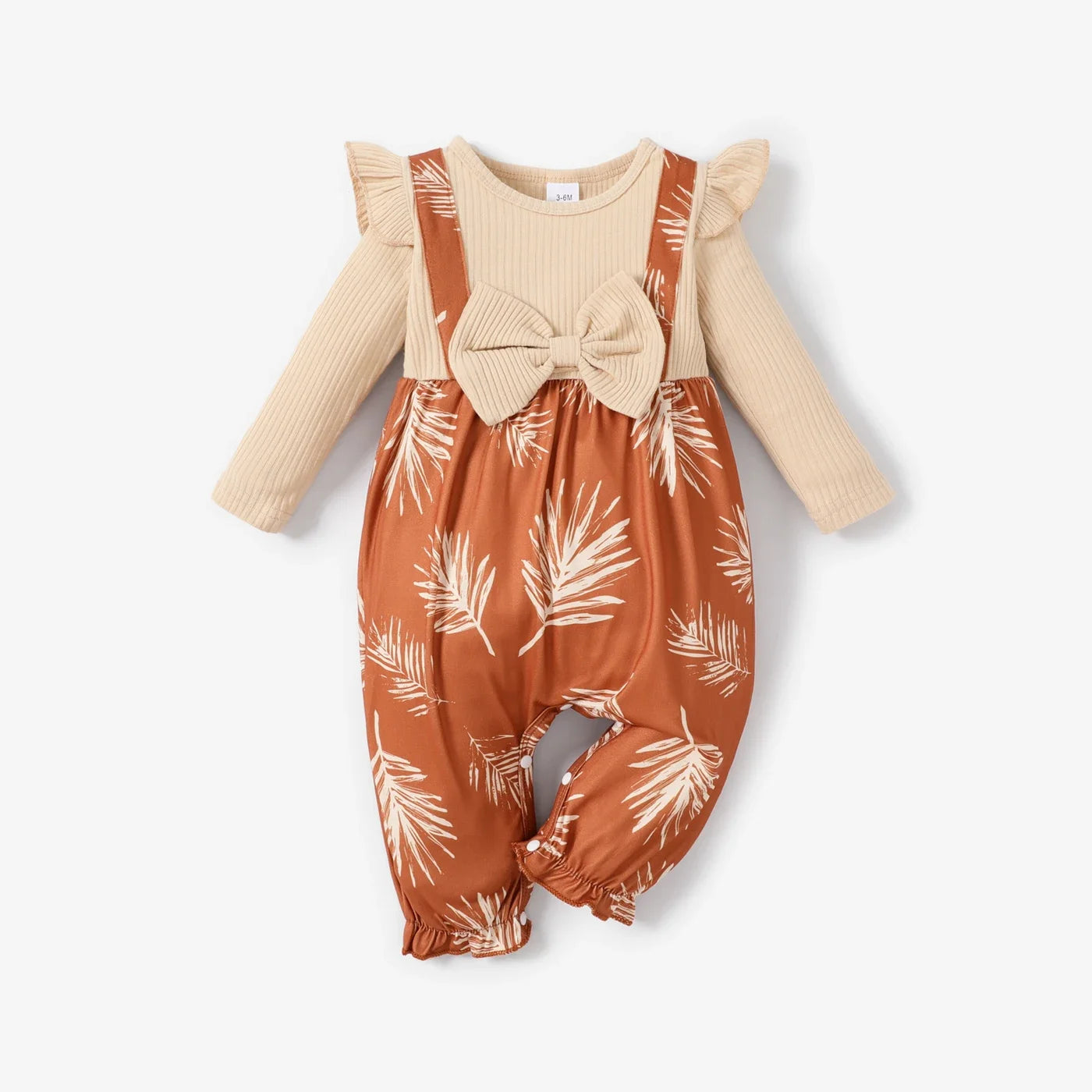 Baby Girls Plant Print Rib-knit Panel 2 In 1 Jumpsuit (Age Newborn-18M) Apricot