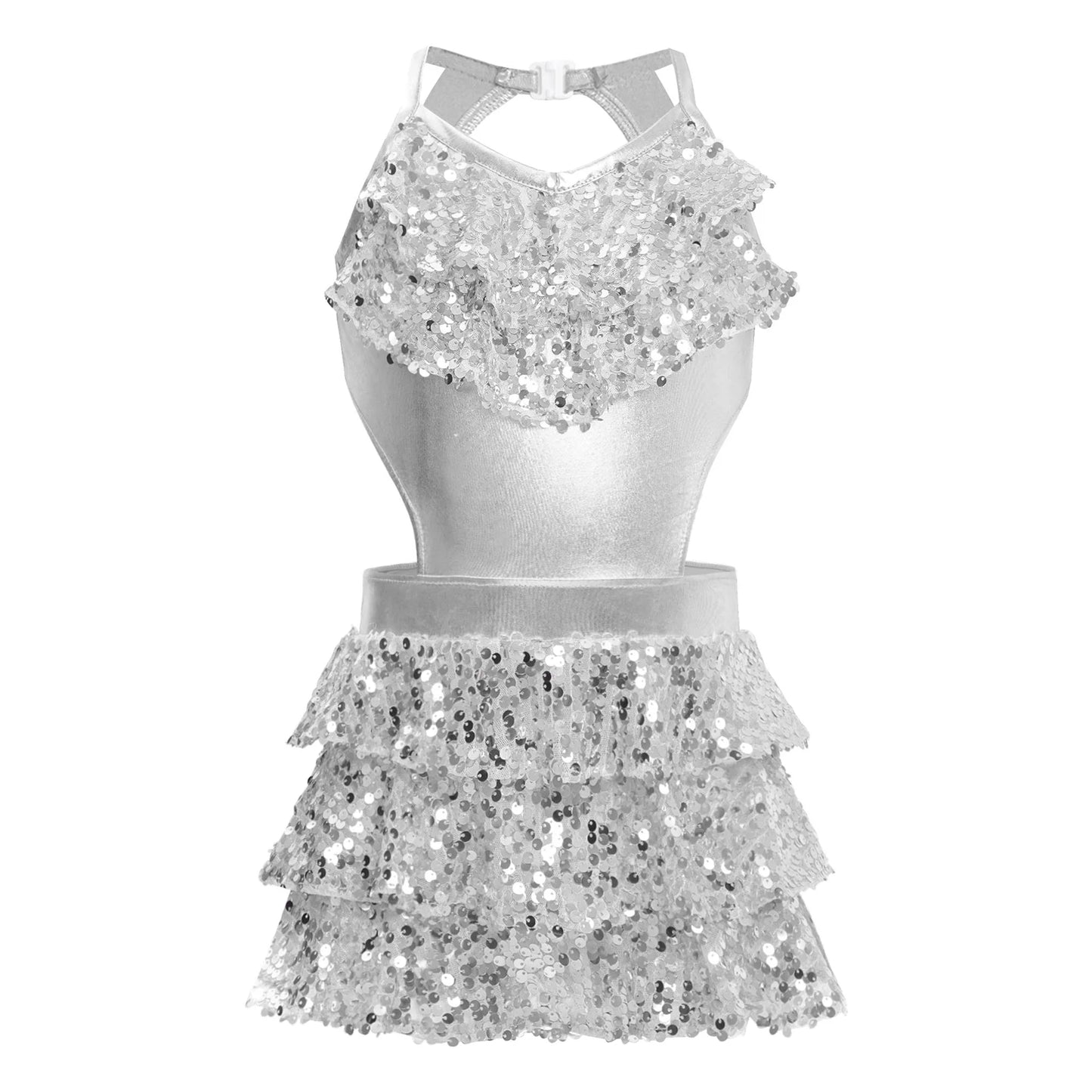 Girls Sequin Dance Sleeveless Cutout Tiered Ruffle Metallic Leotard Dress (Age 6-16 YRS)