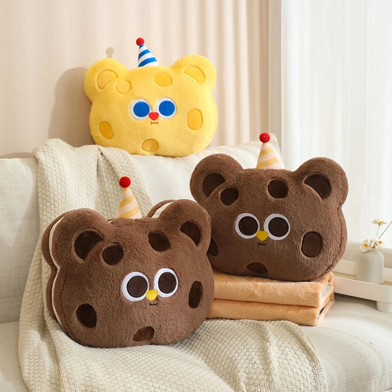 Plush Teddy Bear Cookie Pillow With Blanket Inside - 40cm