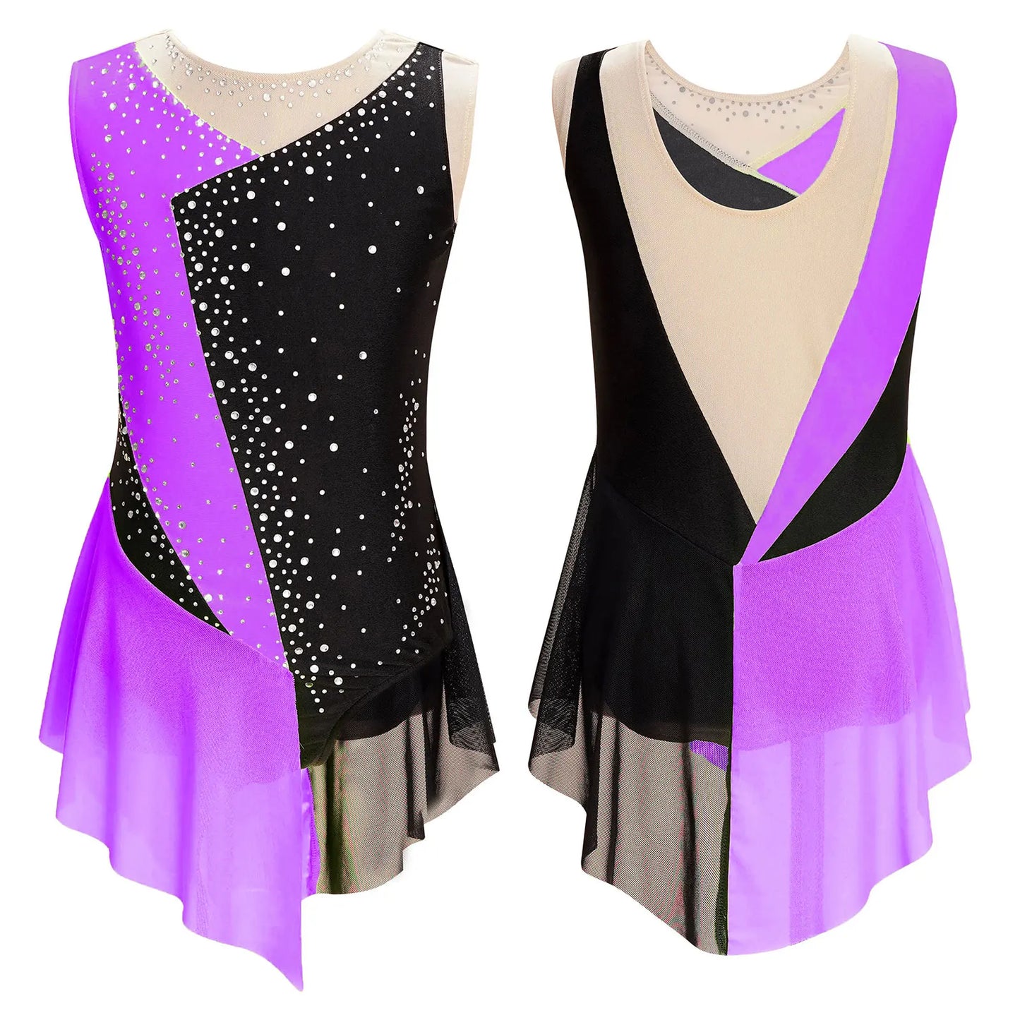 Rhinestone Gymnastics Figure Skating Dress for Teen Girls Sleeveless Sheer Mesh Tutu Ballet Leotard Lyrical Performance Costume Purple