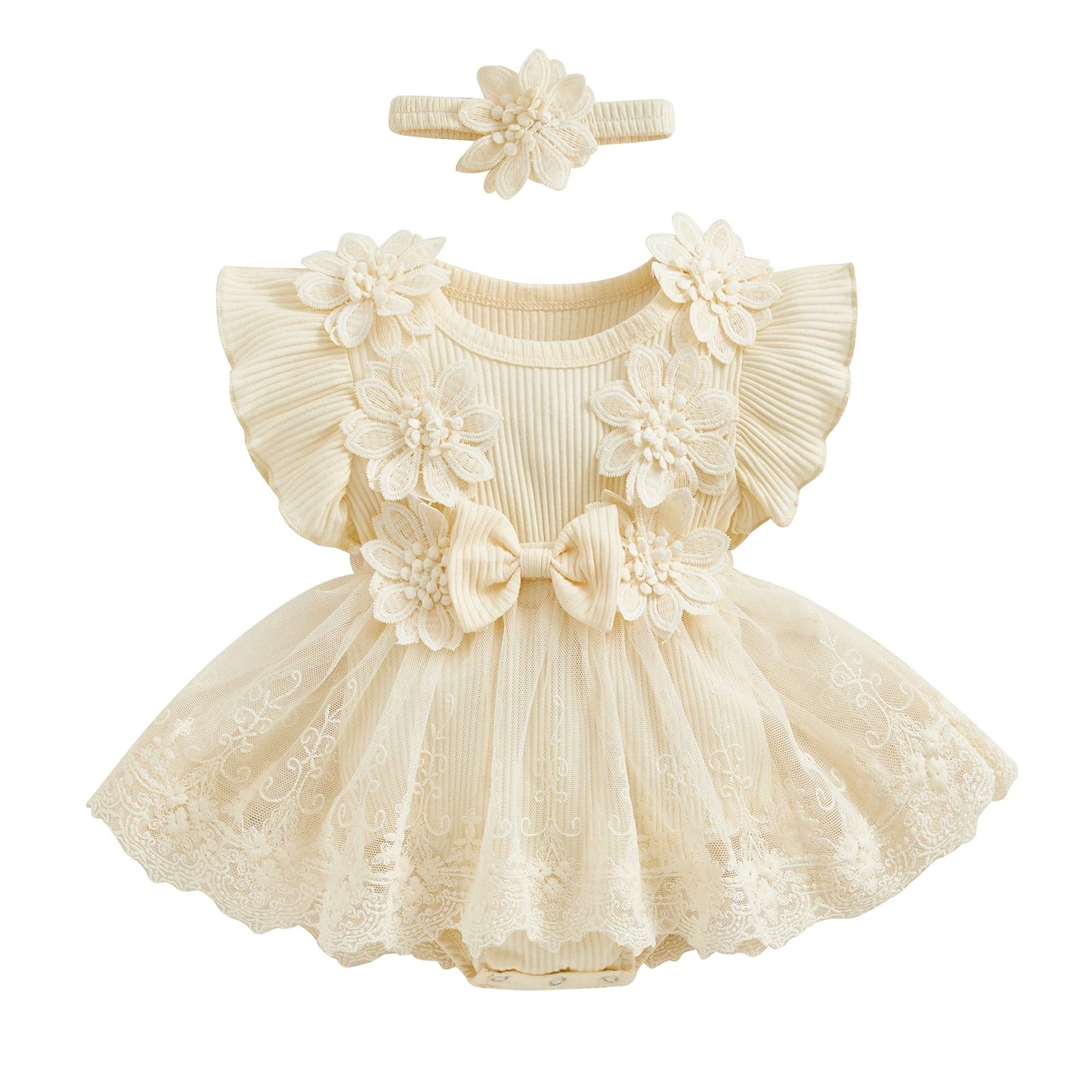 Baby Girls Floral Romper Dress (Age 3M-18M) Beige