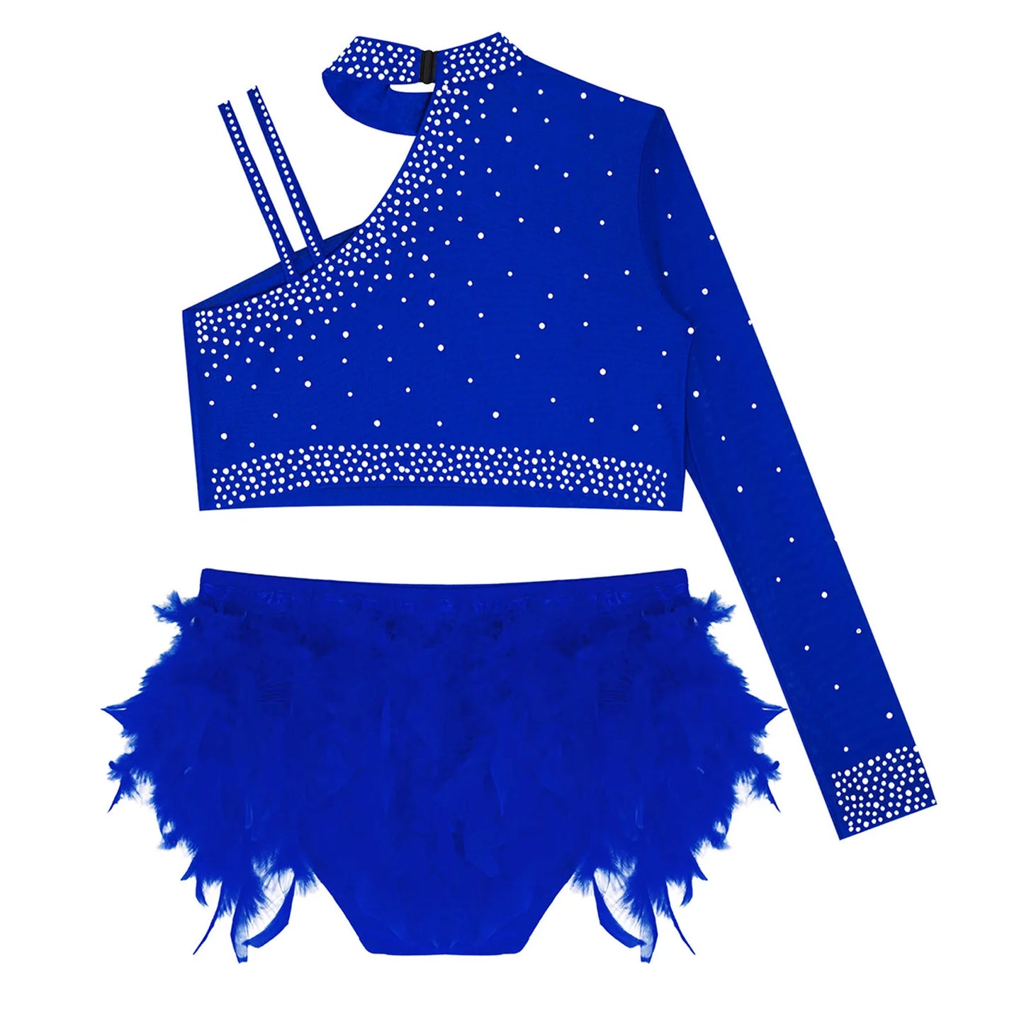 Girls Gymnastics Dance Performance Costume Rhinestone Crop Top With Feather Shorts Set (Age 6-16YRS)