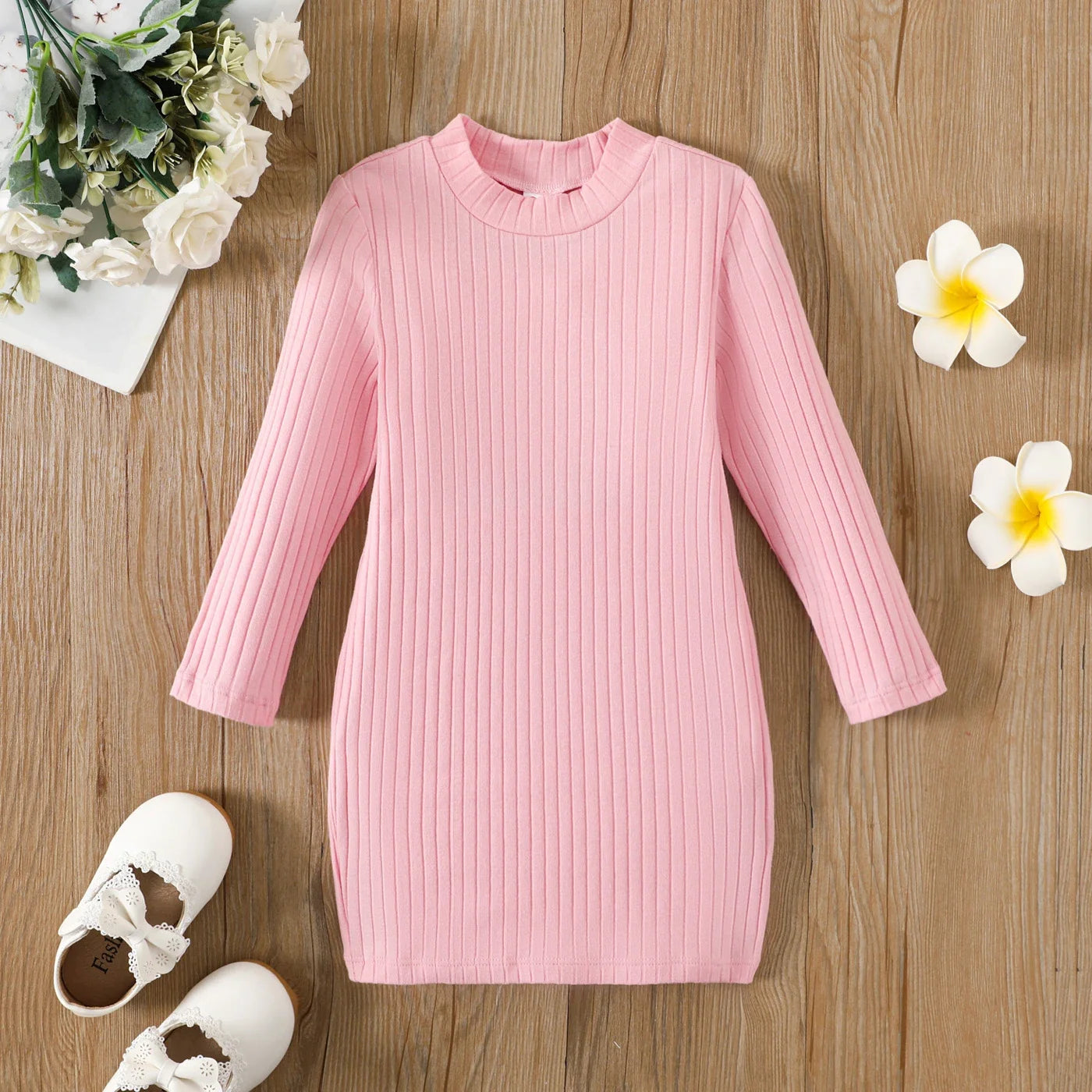 Girl's Basic Knit Long Sleeve Dress (Age 24M-6YRS) Pink
