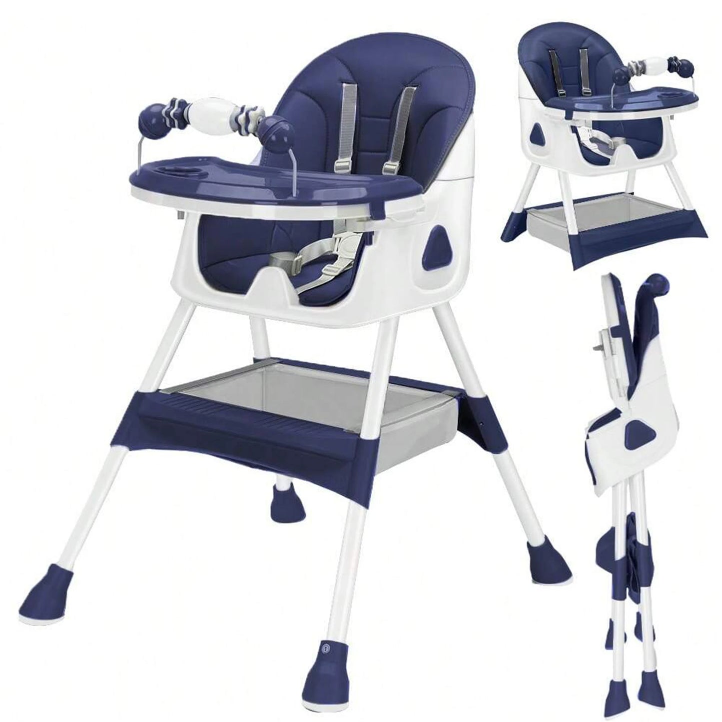 Foldable Baby High Chair 6 Months Plus, with Large Antislip Pad & ToyRack, Easy to Clean Feeding Dark Blue