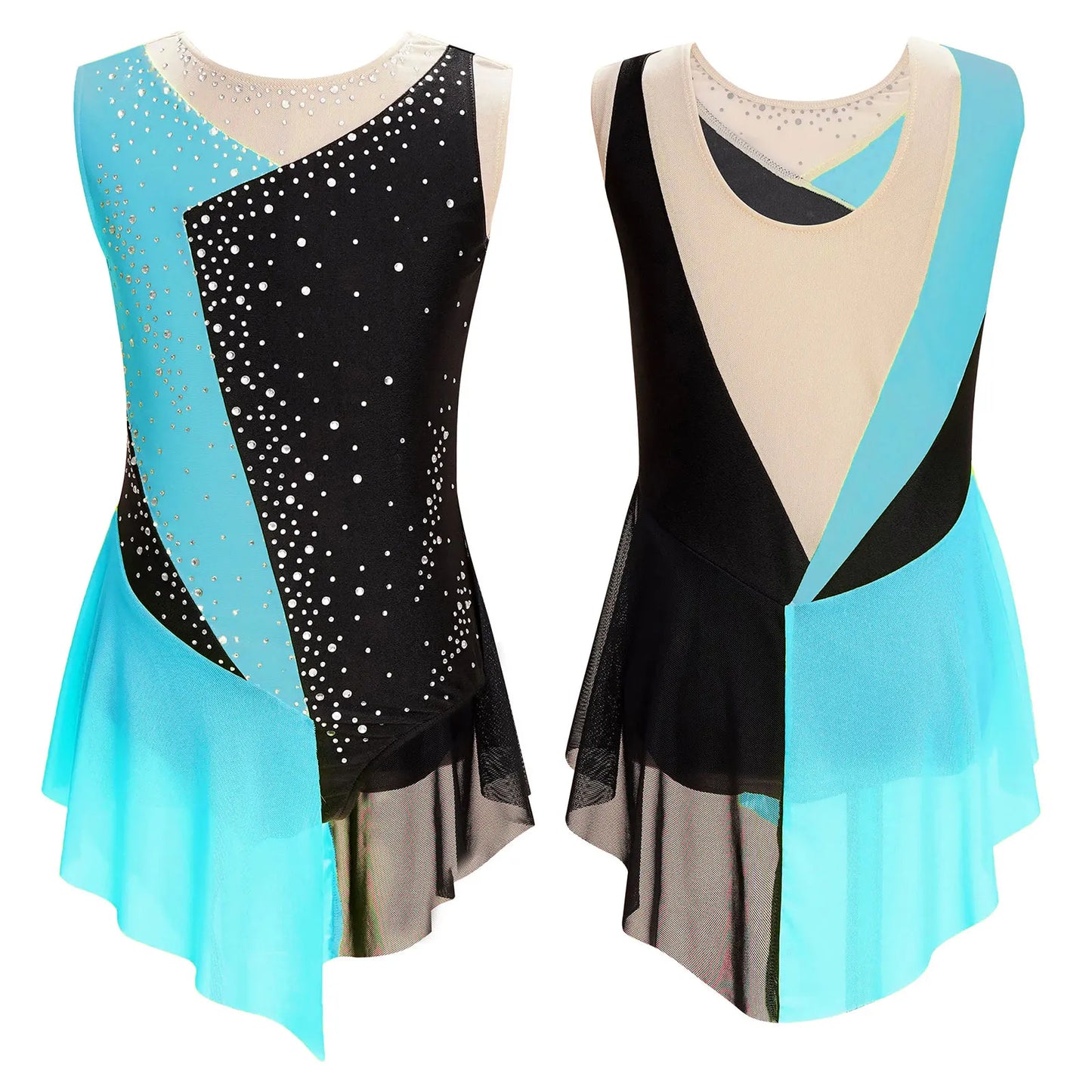 Rhinestone Gymnastics Figure Skating Dress for Teen Girls Sleeveless Sheer Mesh Tutu Ballet Leotard Lyrical Performance Costume Blue Green
