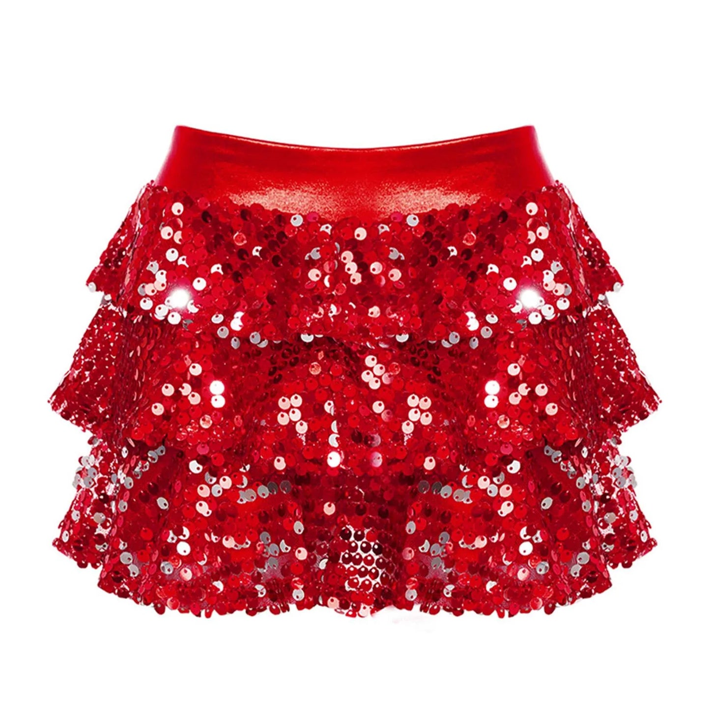 Girls Tiered Ruffle Dance Metallic Shiny Shorts (Age 4-16 YEARS) Red
