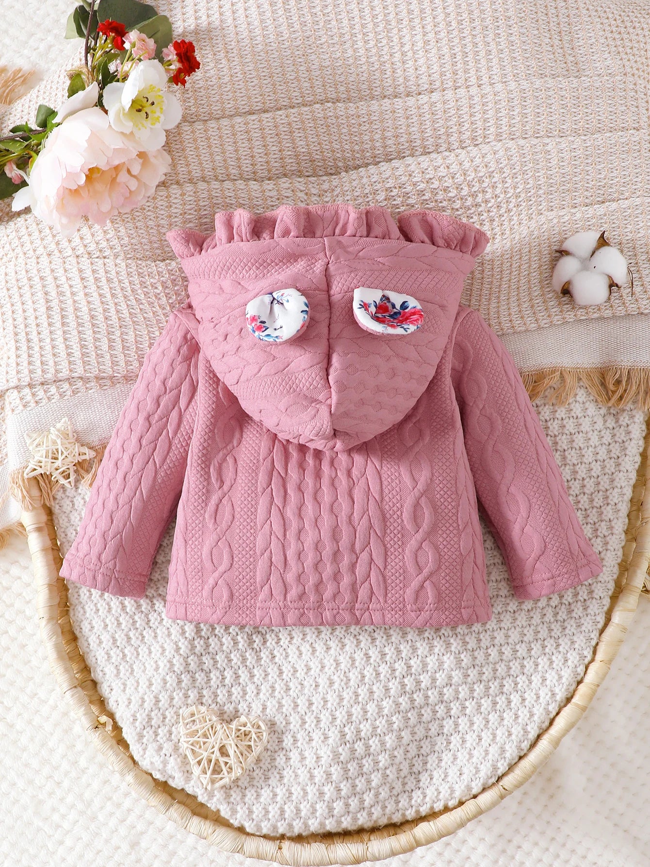 Baby Girls Pink Long Sleeve Jacket Lace Hooded Ears (Age 6M-3YRS)