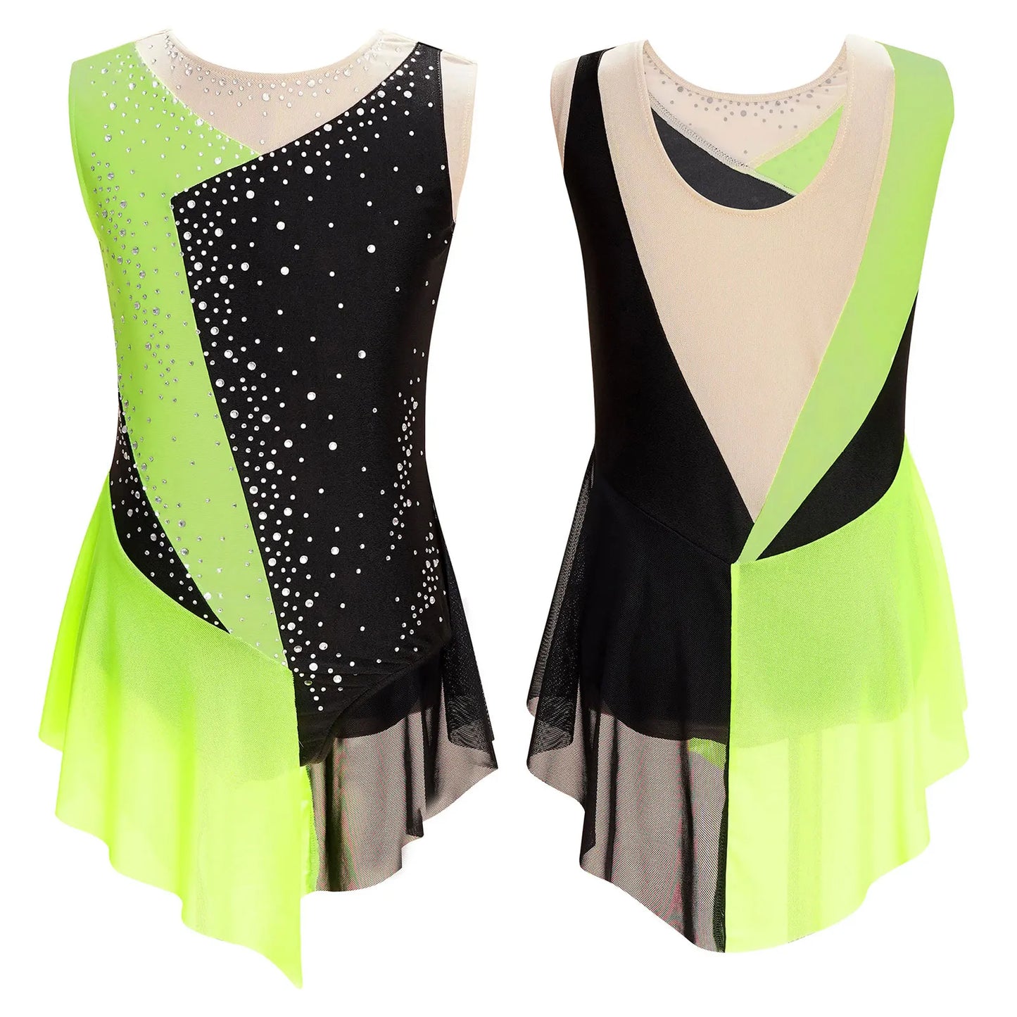 Rhinestone Gymnastics Figure Skating Dress for Teen Girls Sleeveless Sheer Mesh Tutu Ballet Leotard Lyrical Performance Costume Fluorescent Yellow