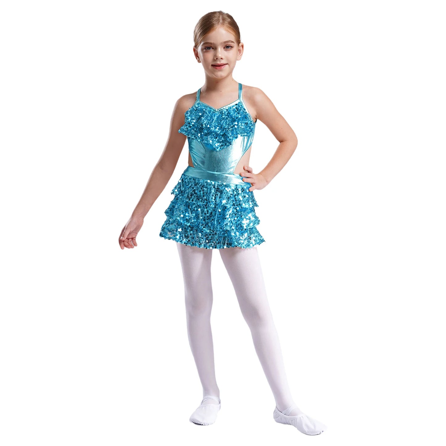 Girls Sequin Dance Sleeveless Cutout Tiered Ruffle Metallic Leotard Dress (Age 6-16 YRS)