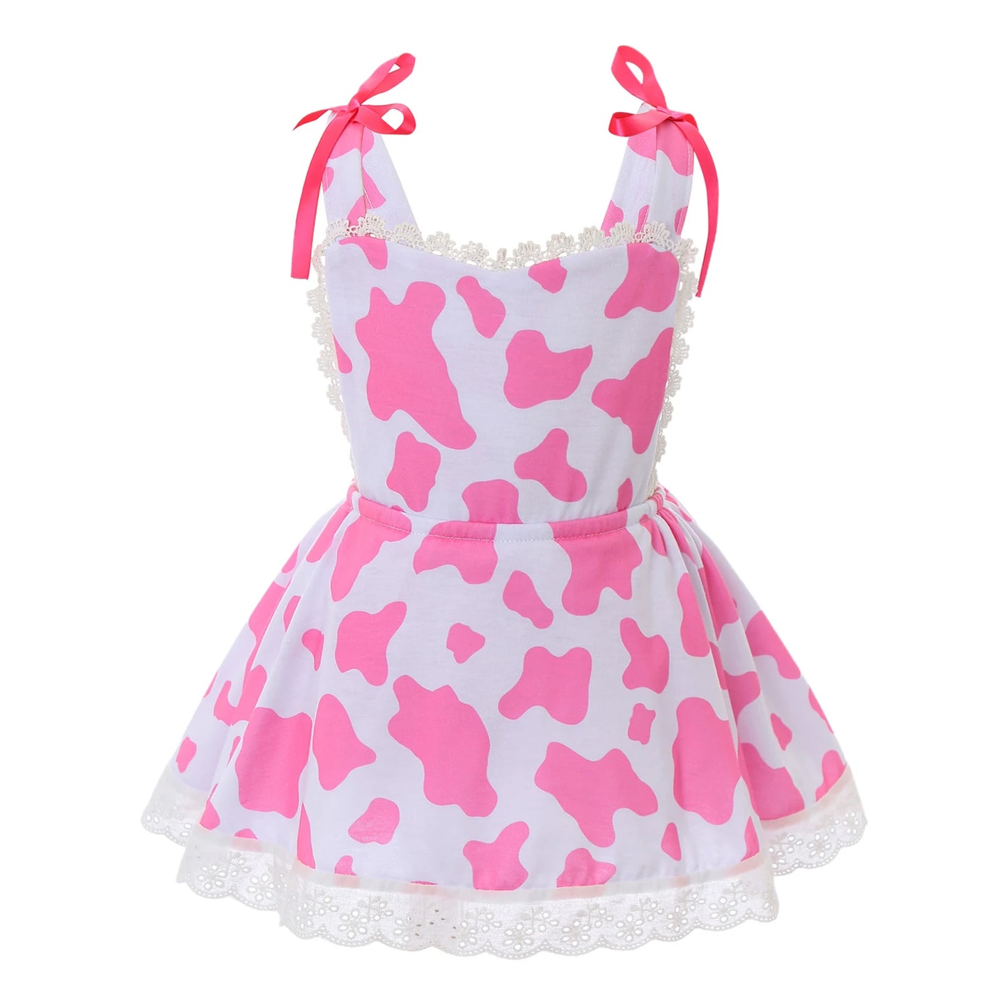 Girls Cow Print Sleeveless Lace Trim Dress (Age 12M-6 YRS)