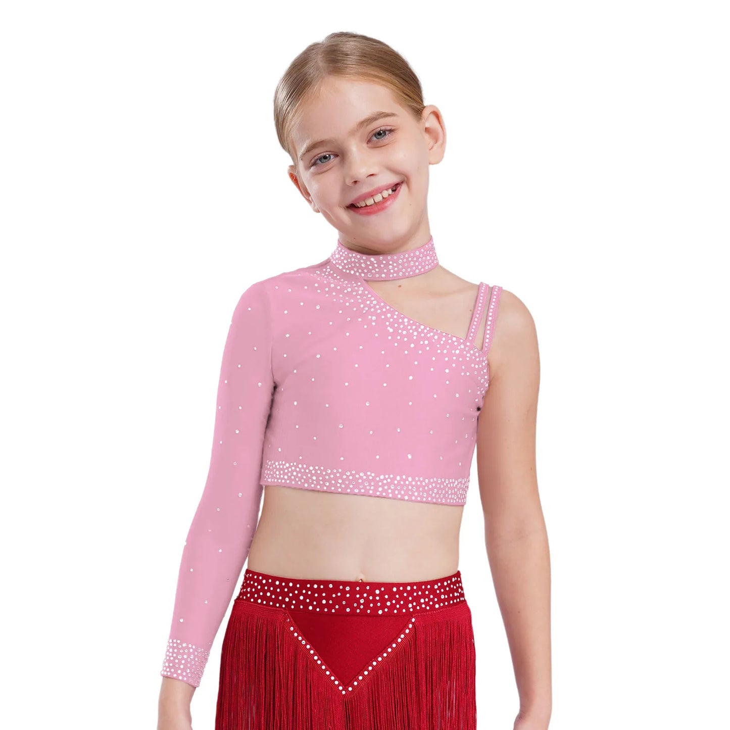 Girls Gymnastics Dance Performance Costume Rhinestone Crop Top With Feather Shorts Set (Age 6-16YRS)