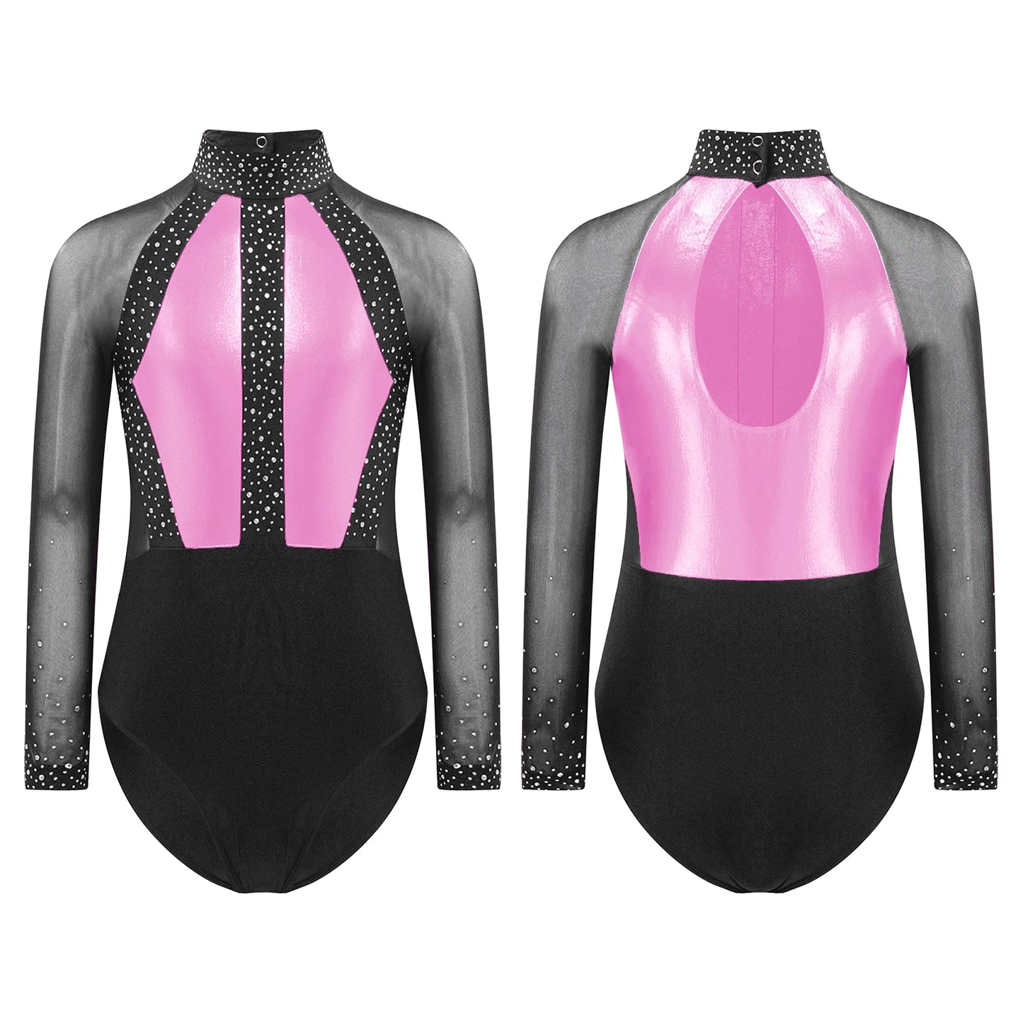 Girls Dance Performance Costume Long Sleeve Rhinestone Leotard (Age 6-16 YRS) Pink