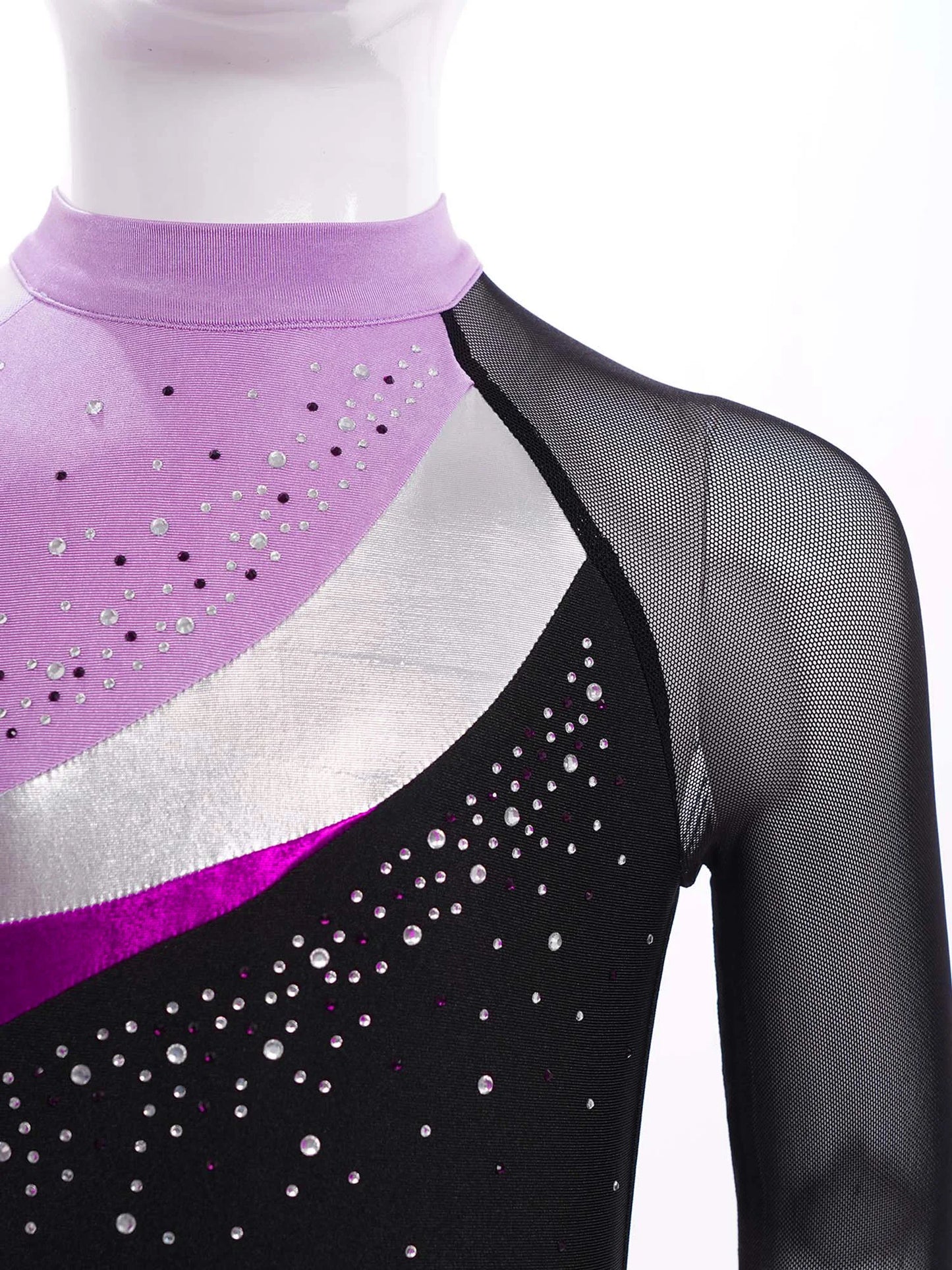 Girls Ballet Dance Leotard Gymnastics Rhinestones Sheer Mesh Long Sleeve (Age 4-16 YRS)