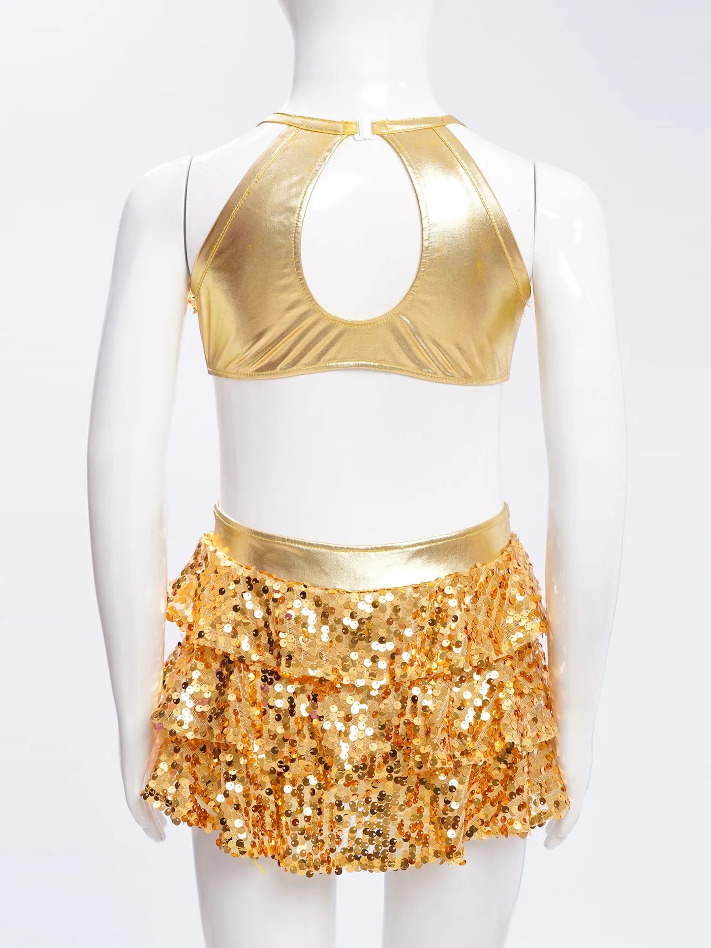 Girls Sequin Dance Sleeveless Cutout Tiered Ruffle Metallic Leotard Dress (Age 6-16 YRS)