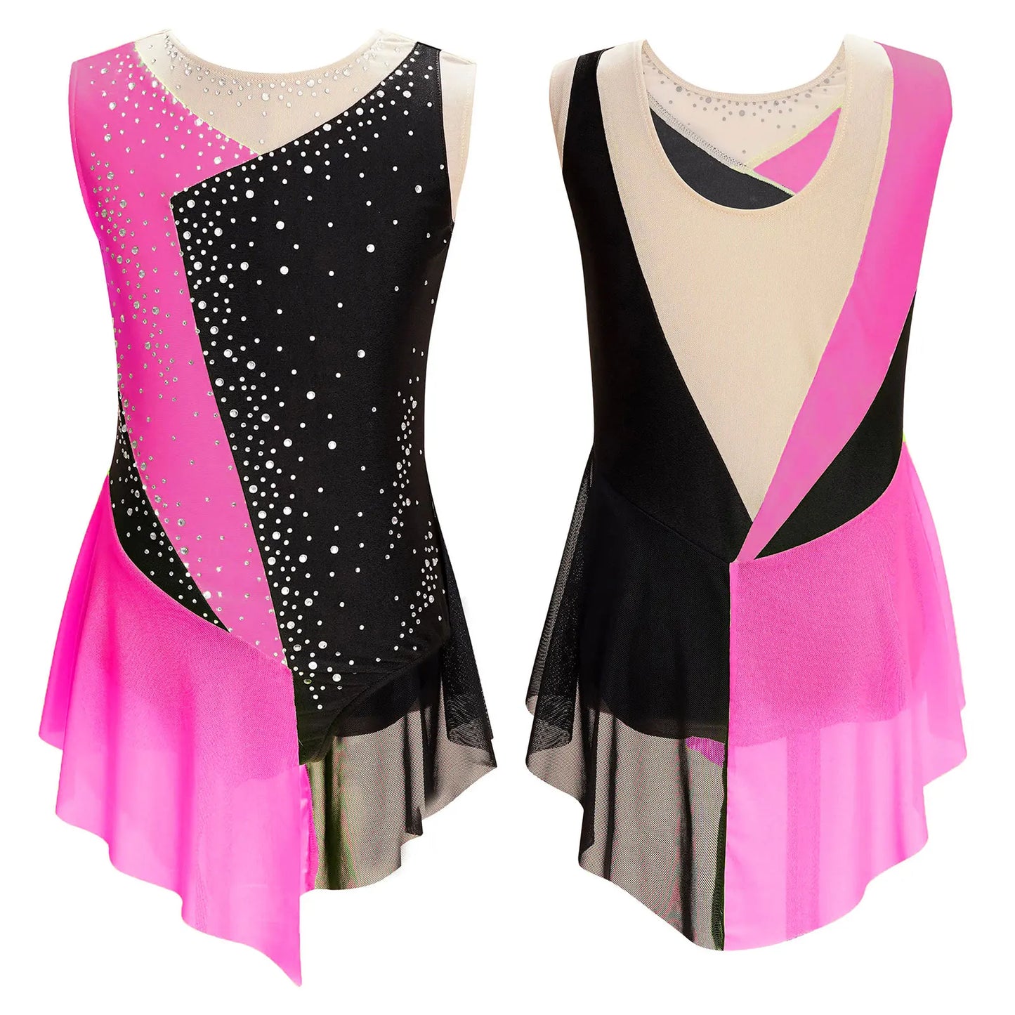 Rhinestone Gymnastics Figure Skating Dress for Teen Girls Sleeveless Sheer Mesh Tutu Ballet Leotard Lyrical Performance Costume Hot Pink