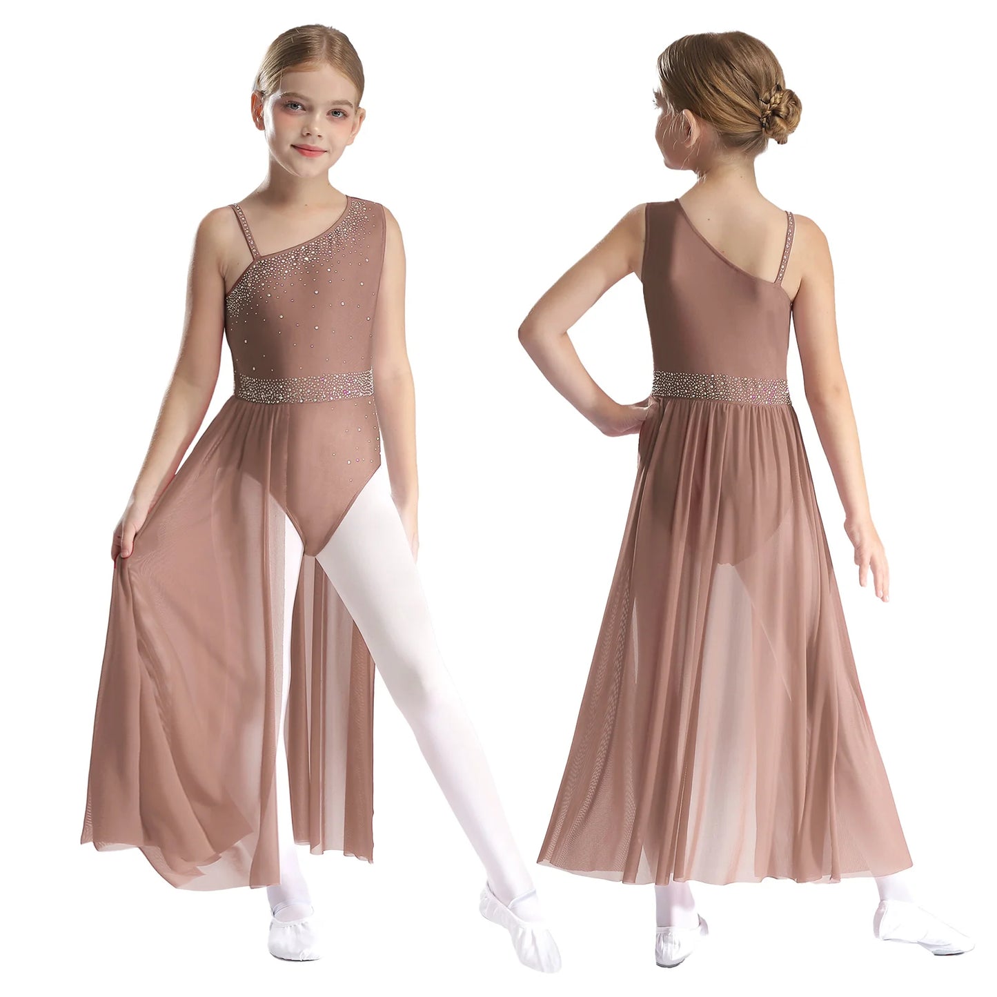 Girls Dance Costume Ballet Rhinestones Sleeveless Sheer Mesh Leotard Dress (Age 6-16 YRS) Dusty Pink