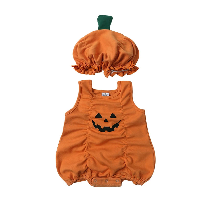 Toddler Girls Halloween Pumpkin Outfit – 3PC Romper, Dress & Headband Set | Ages 6M–3Y Romper With Hat