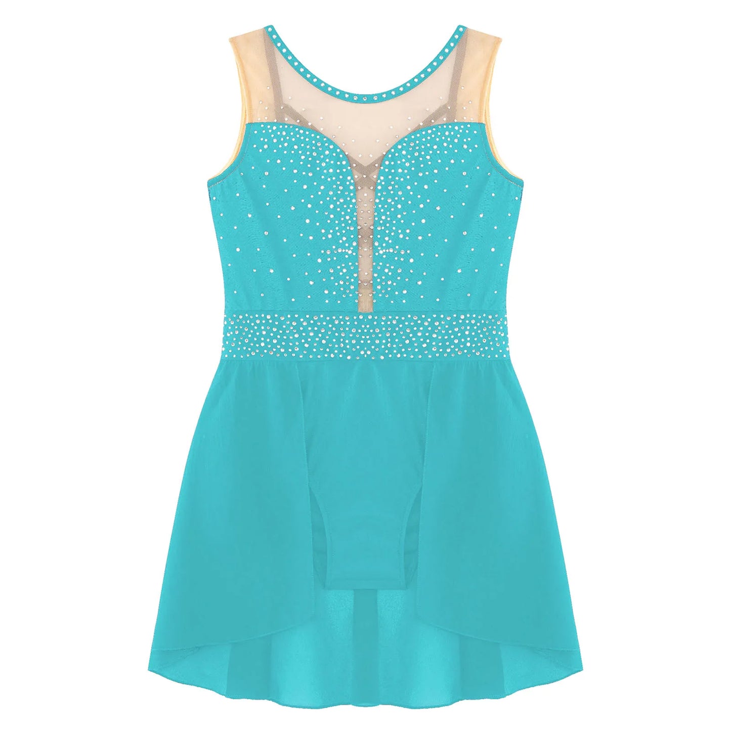 Rhinestone Gymnastics Figure Skating Dress for Teen Girls Sleeveless Sheer Mesh Tutu Ballet Leotard Lyrical Performance Costume