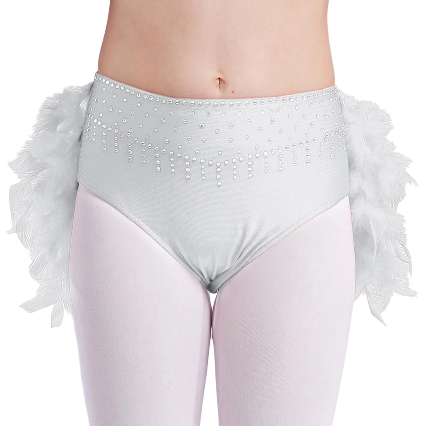 Girls Gymnastics Dance Performance Costume Rhinestone Crop Top With Feather Shorts Set (Age 6-16YRS)