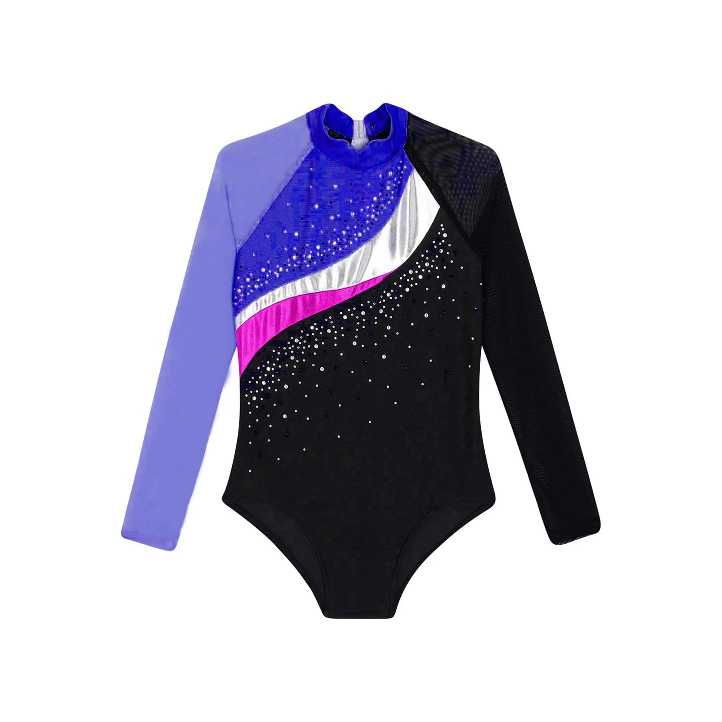 Girls Ballet Dance Leotard Gymnastics Rhinestones Sheer Mesh Long Sleeve (Age 4-16 YRS)