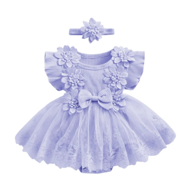 Baby Girls Floral Romper Dress (Age 3M-18M) Lavender