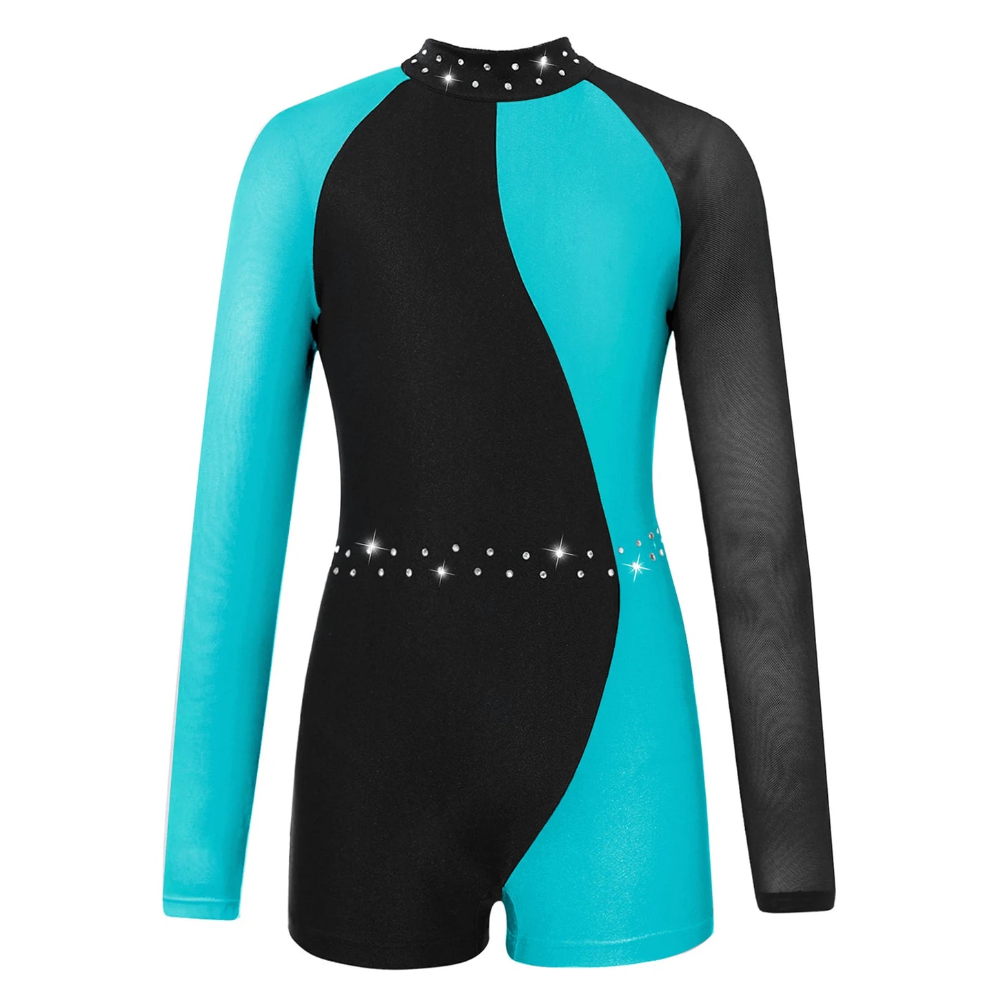 Girls Colorblock Rhinestone Long Sleeve Dance Unitard (Age 6-16 YRS) Blue Green