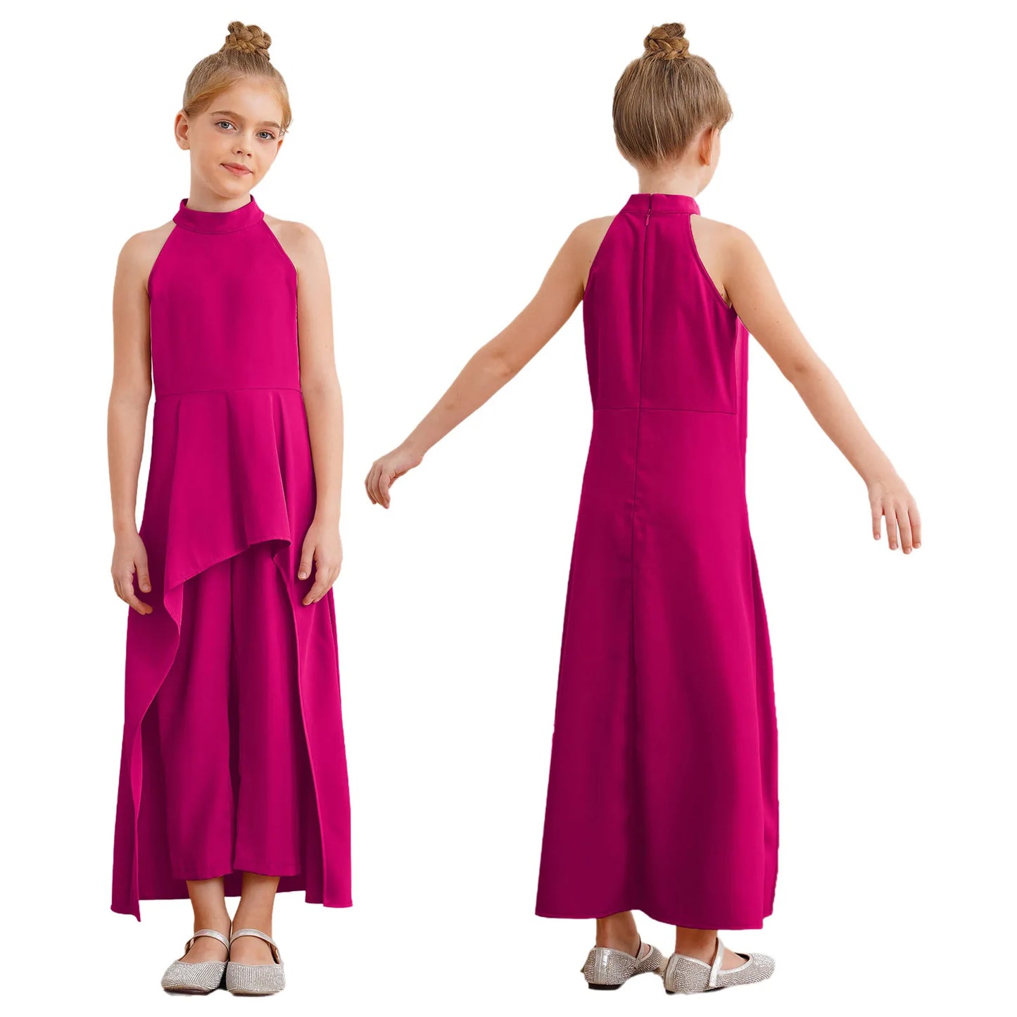 Girls Elegant Sleeveless High-Low Skirted Jumpsuit (Age 6-16YRS) Hot Pink