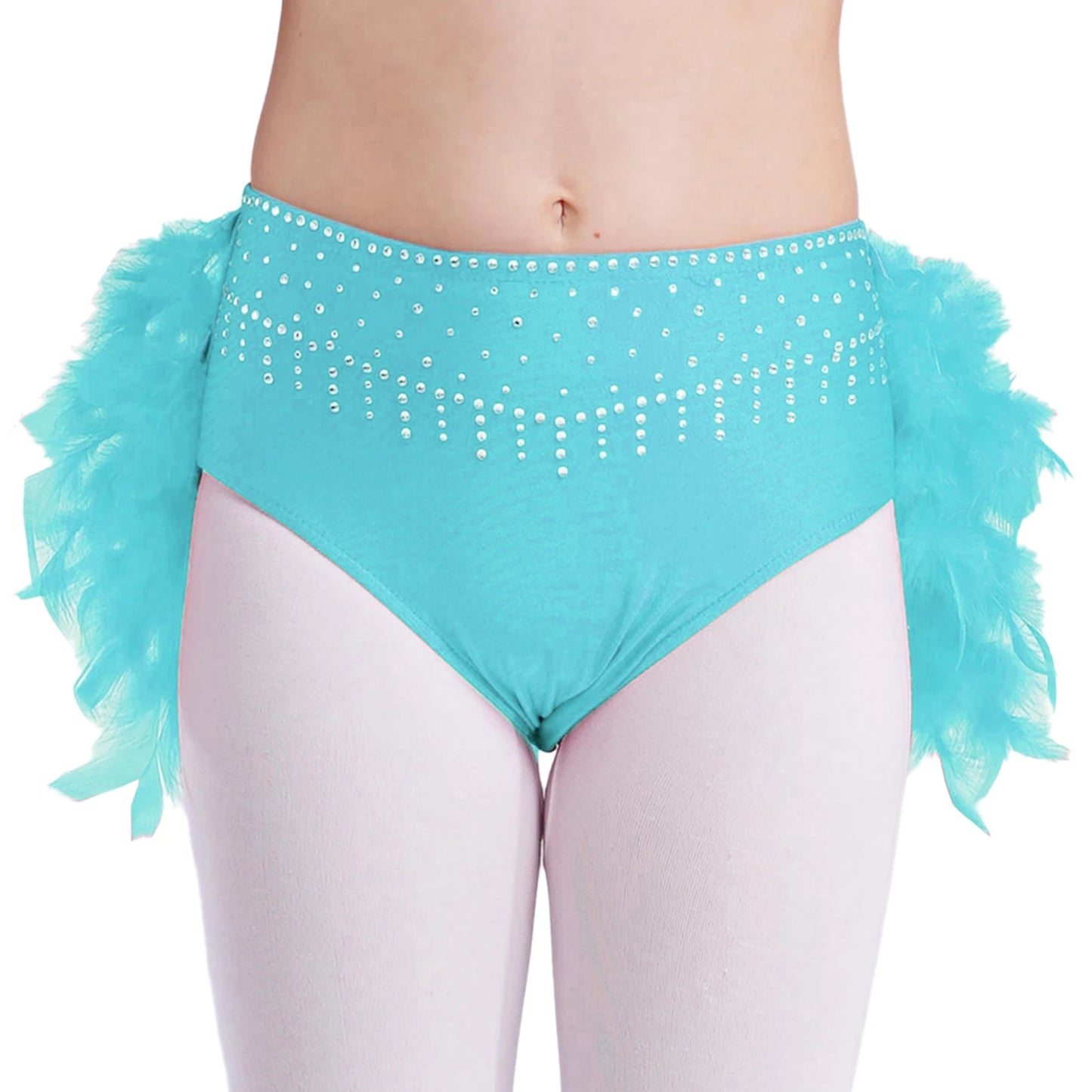 Girls Gymnastics Dance Performance Costume Rhinestone Crop Top With Feather Shorts Set (Age 6-16YRS)
