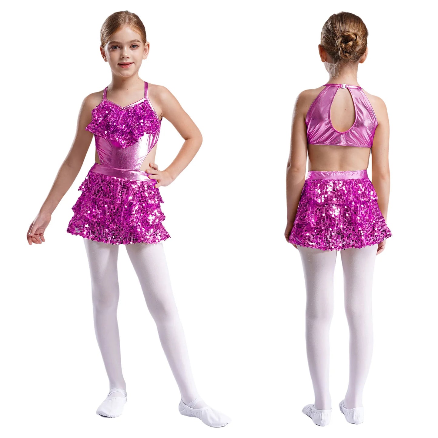 Girls Sequin Dance Sleeveless Cutout Tiered Ruffle Metallic Leotard Dress (Age 6-16 YRS) Hot Pink