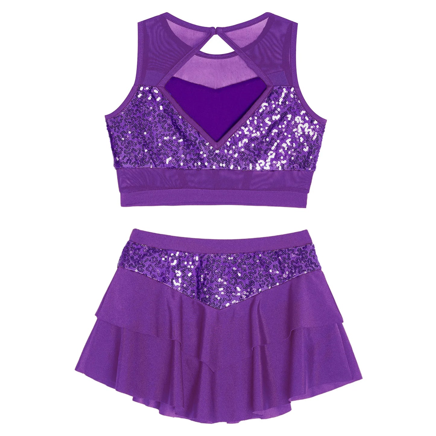 Girls Sequin Sheer Mesh Crop Top & Tiered Skirt Set (Age 6-16YRS)