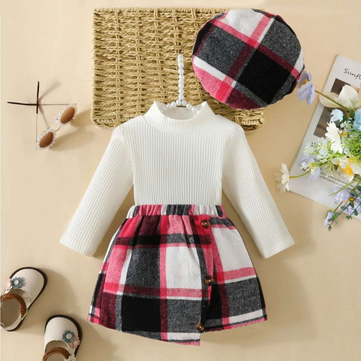 Baby/Toddler Girls Top & Houndtooth Skirt & Matching Beret Set (Age 6M-3YRS) Burgundy