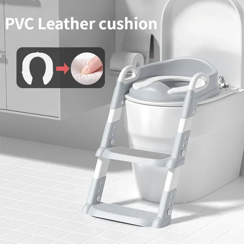 Children's Toilet Seat Stairs Baby Boys and Girls Toilet Folding Stand Step Stool Gray and PVC mat