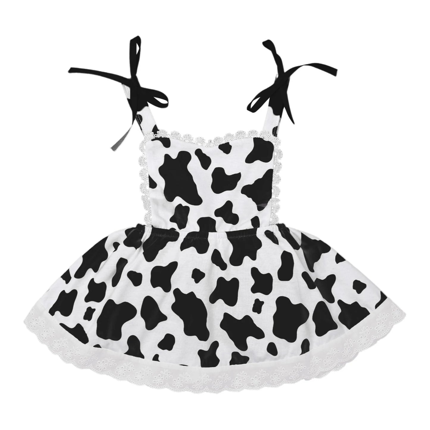 Girls Cow Print Sleeveless Lace Trim Dress (Age 12M-6 YRS)