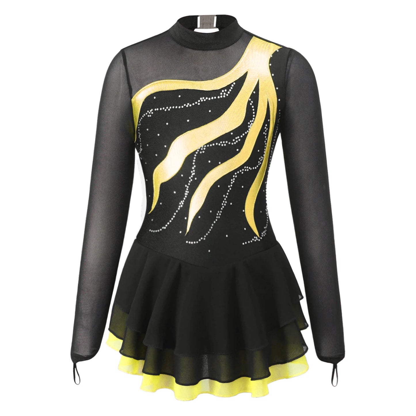 Girls Rhinestone Figure Skating Leotard Dress (Age 6-16 YRS) Yellow