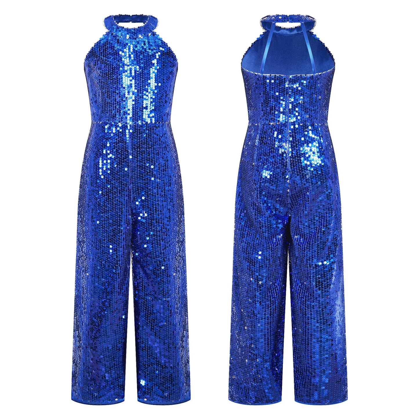Girls Dance Sequin Sleeveless Halter Jumpsuit (Age 6-14YRS) Royal Blue