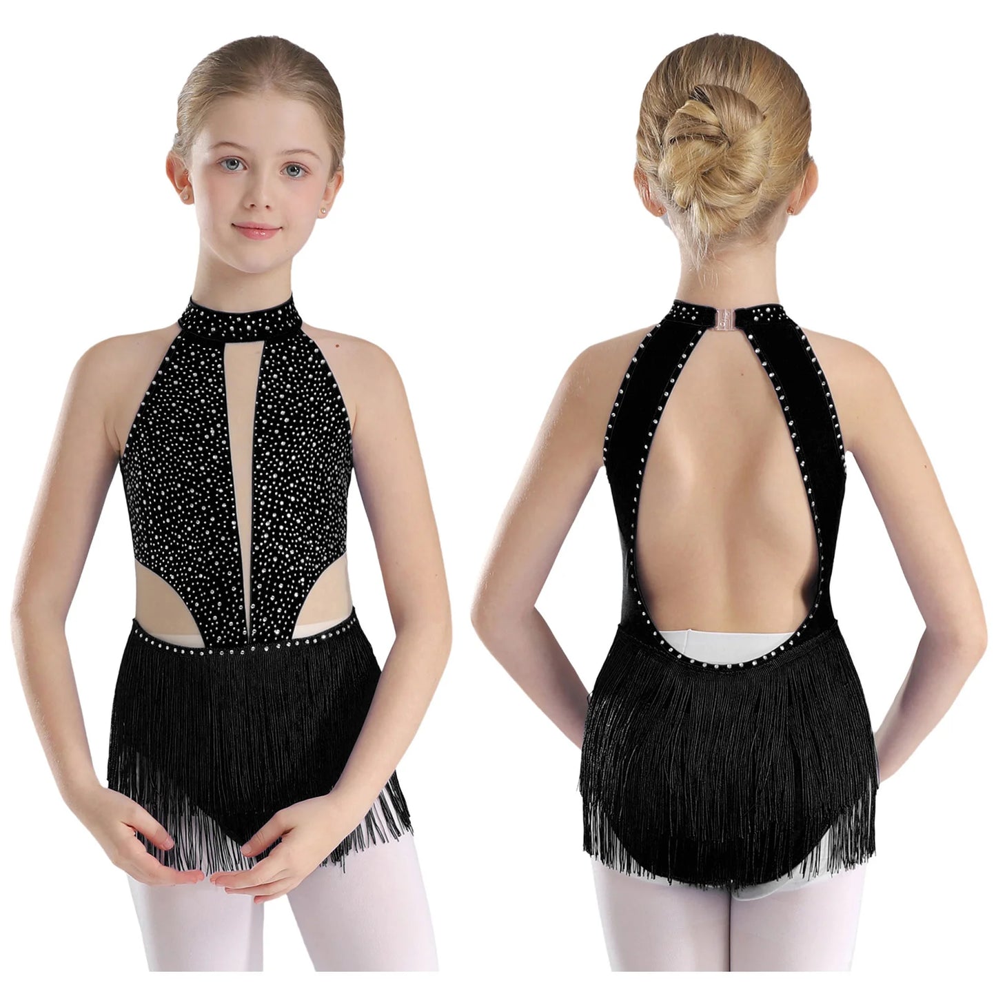 Girls Dance Costume Sleeveless Rhinestone Tassel Leotard (Age 6-16 YRS)