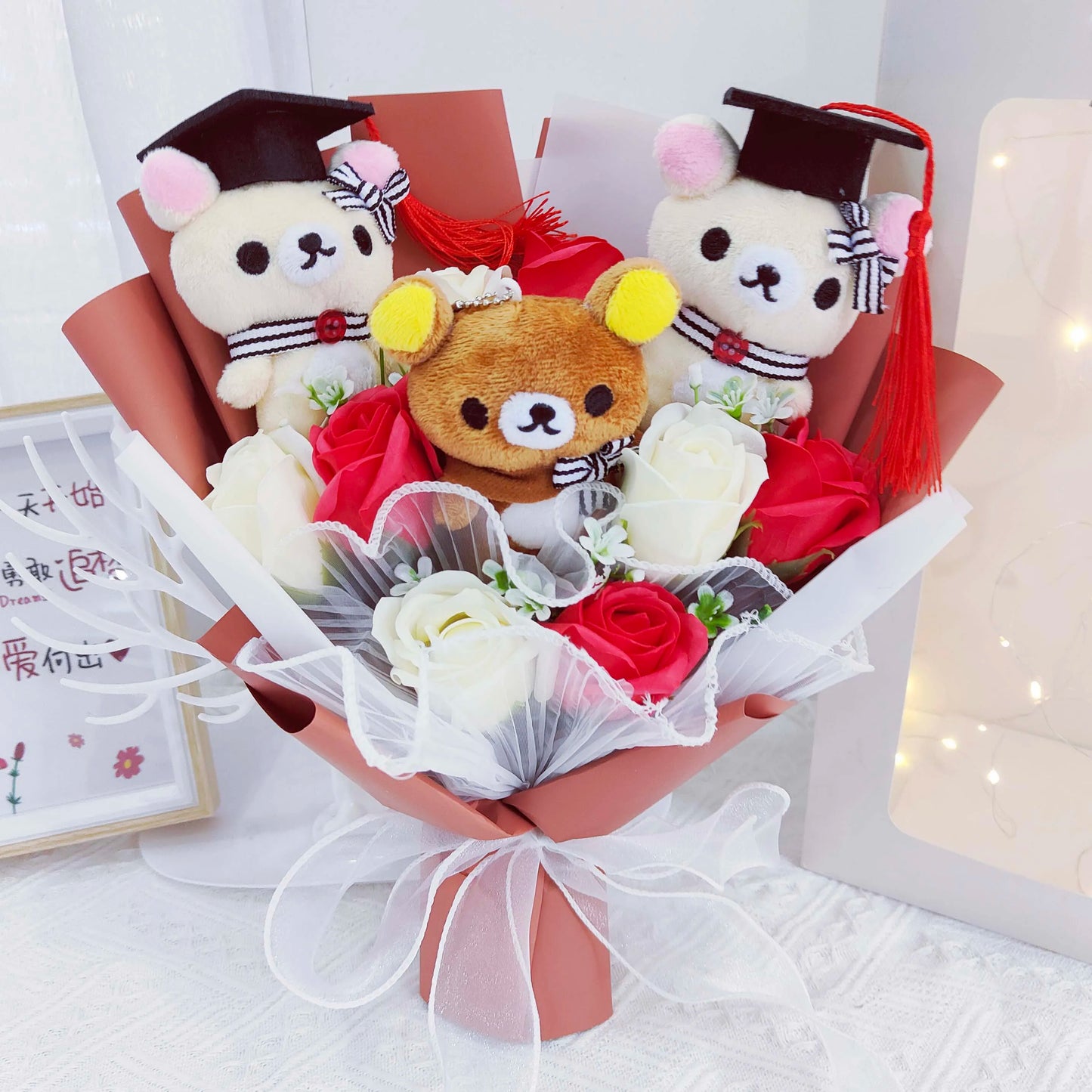 Graduation Teddy Bear Plush Flower Gift Bouquet | Keepsake for Graduation & Celebrations Red