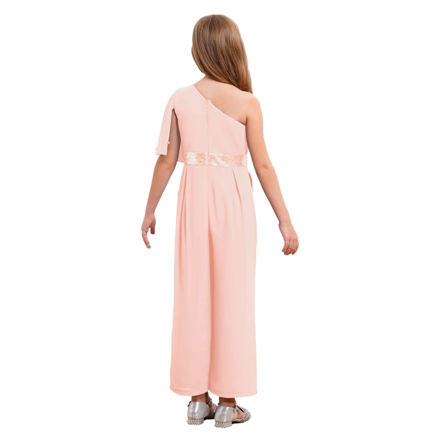 Girls One Shoulder PearlSequin Ruffled Wide Leg Jumpsuit (Age 6-14YRS)
