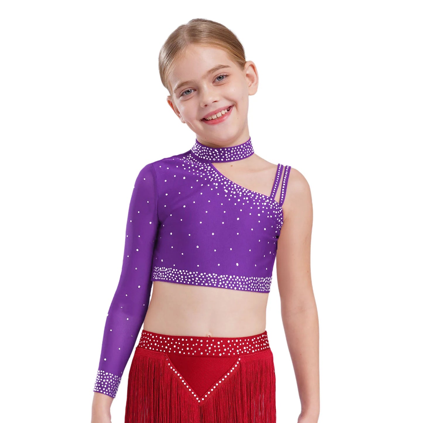 Girls Gymnastics Dance Performance Costume Rhinestone Crop Top With Feather Shorts Set (Age 6-16YRS)