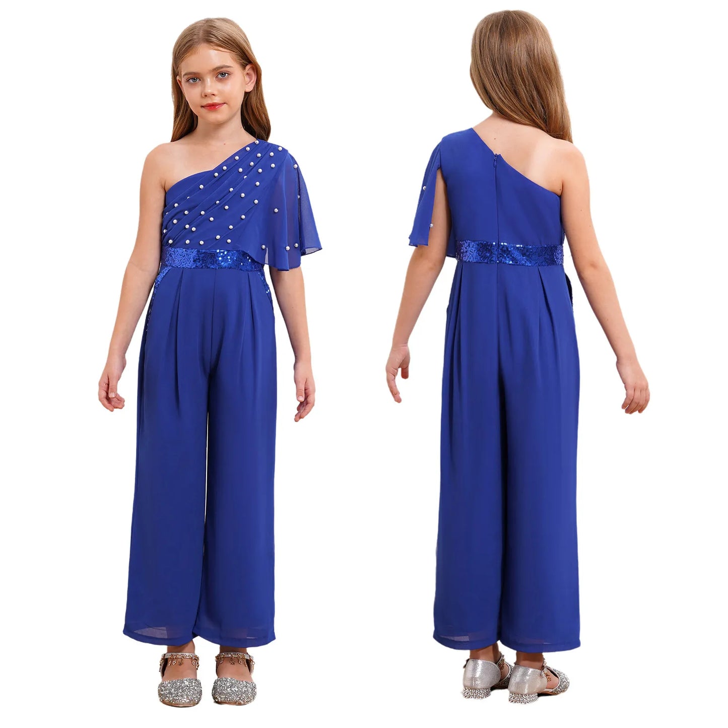 Girls One Shoulder PearlSequin Ruffled Wide Leg Jumpsuit (Age 6-14YRS) Royal Blue