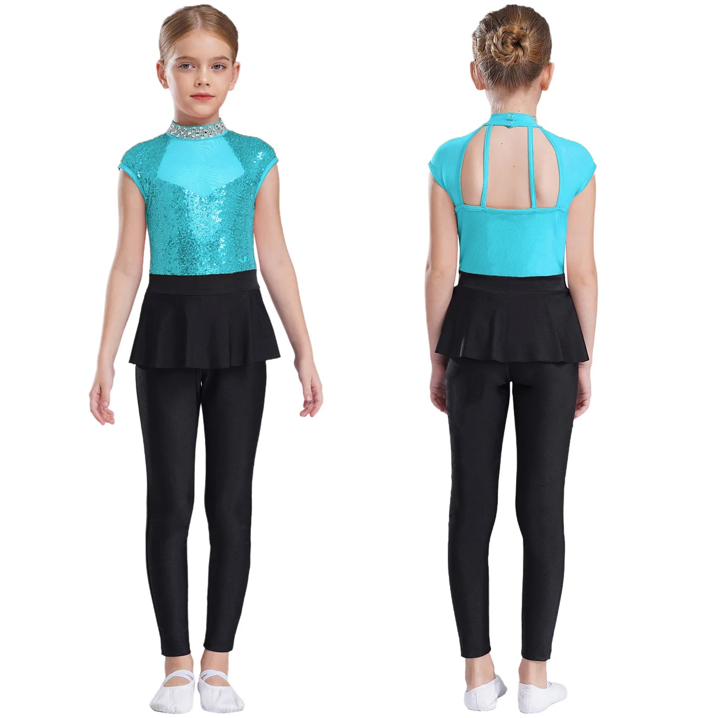 Girls Sleeveless Sequins Peplum Dance Jumpsuit (6-16YRS) Blue Green