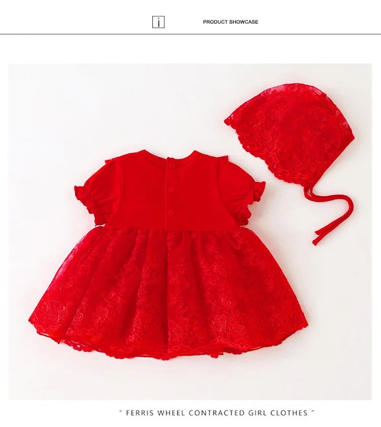 Baby Girls Short Sleeve Lace Dress & Bonnet (Age 3M-18M)