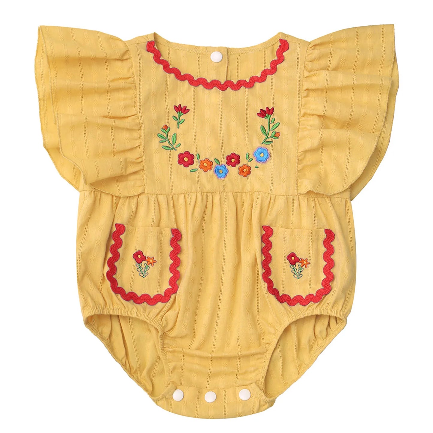 Baby Girls Mexican Embroidered Ruffled Sleeves Romper (Age Newborn-24M) Yellow