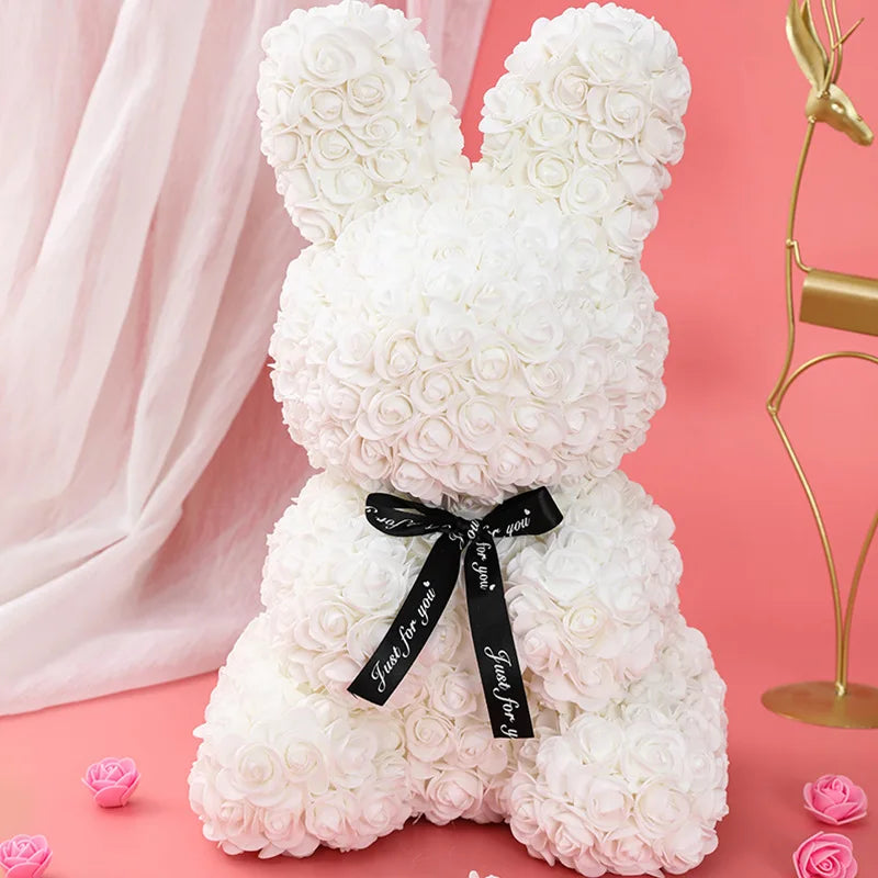 Rose Flower Bouquet Rabbit Bunny Gift - 25cm White