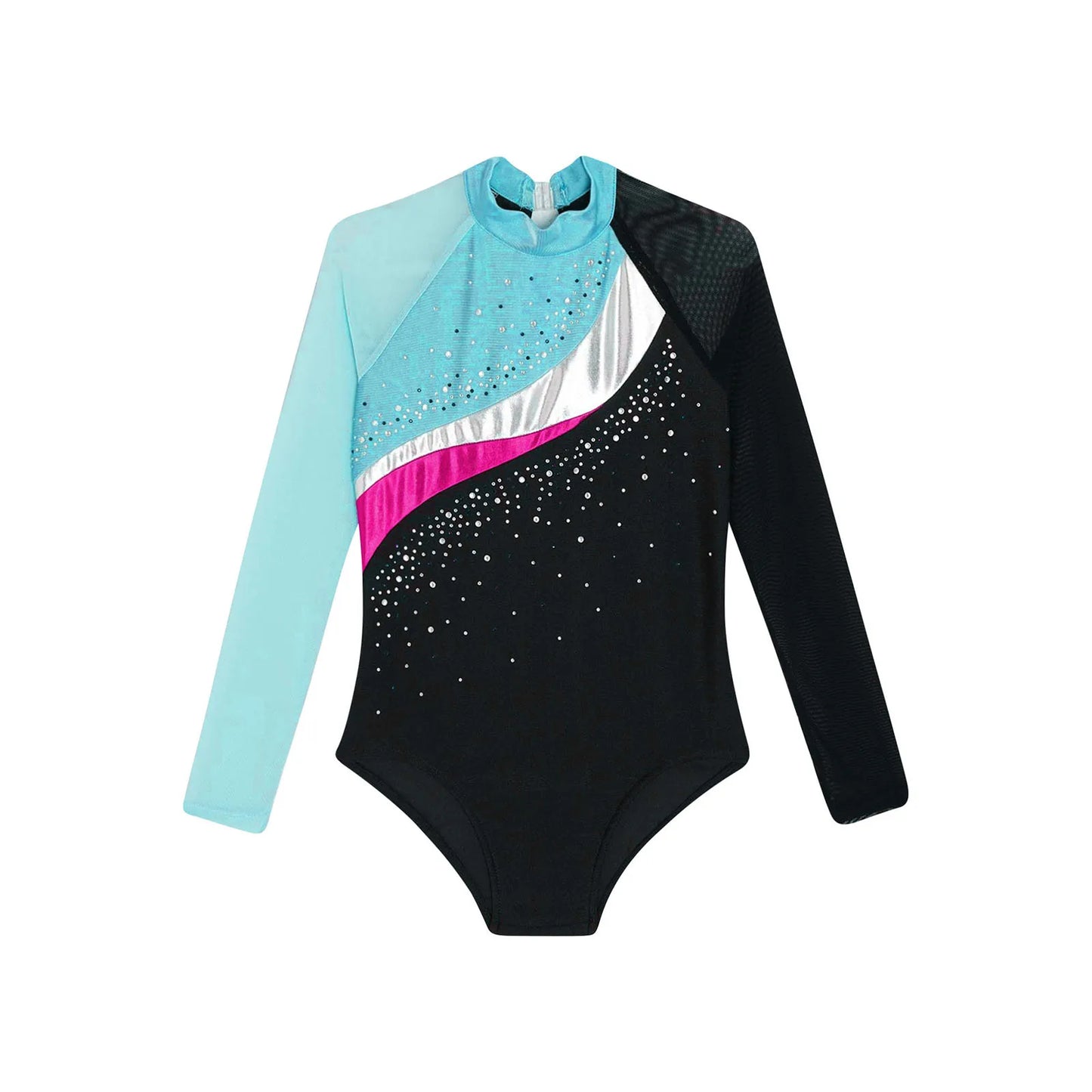 Girls Ballet Dance Leotard Gymnastics Rhinestones Sheer Mesh Long Sleeve (Age 4-16 YRS)